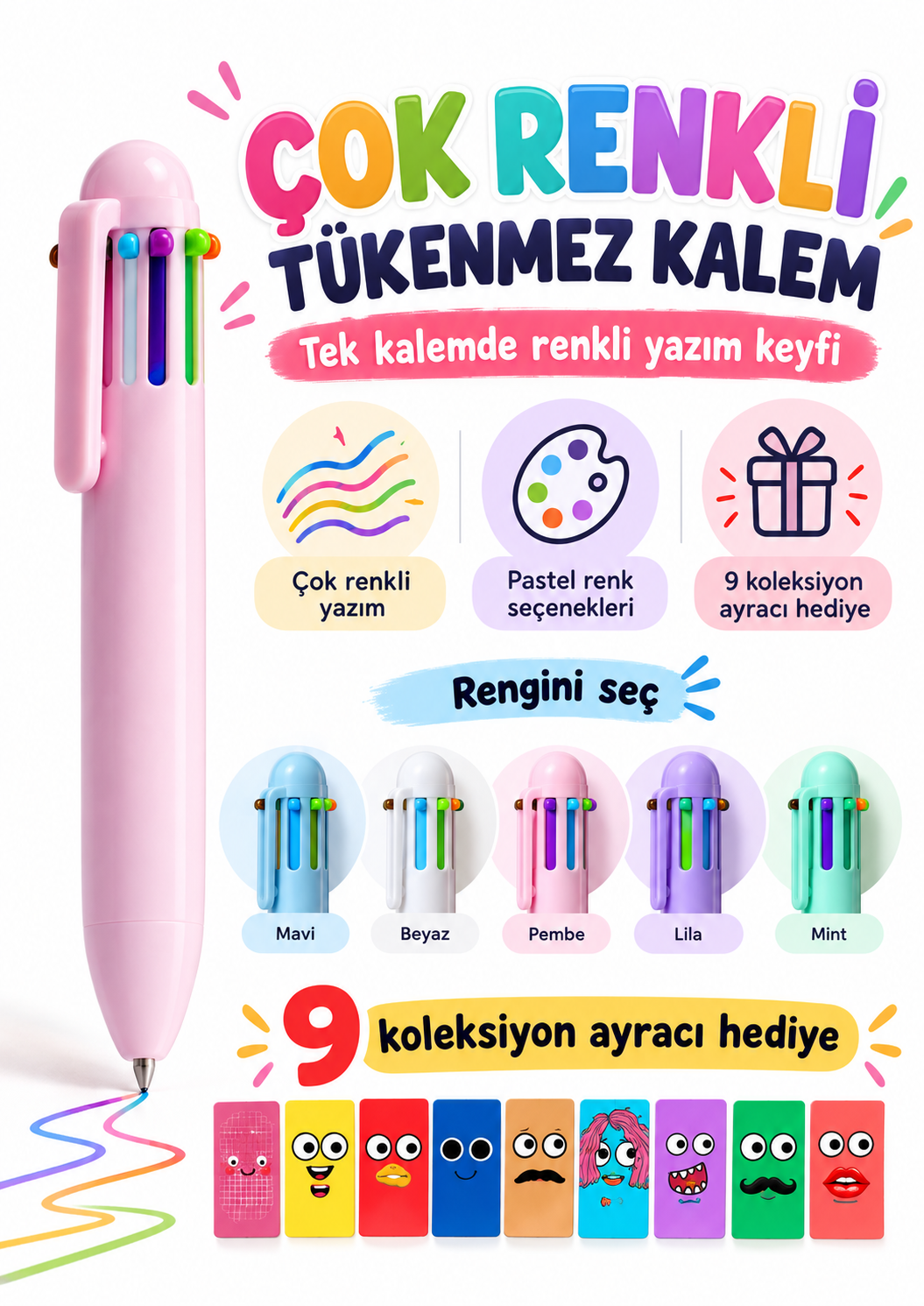 Çok Renkli Pastel Tükenmez Kalem - Çoklu Tükenmez Kalem Multi Color